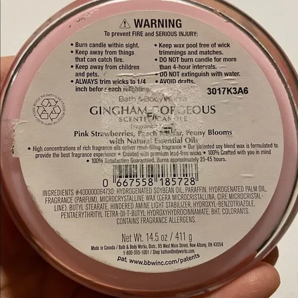 Bath & Body Works 3 Wick Scented Candle Gingham Gorgeous strawberry peach 14.5 - Picture 5 of 5